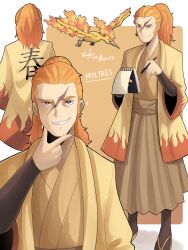  1boy absurdres artist_name character_name flame_print grin hand_up highres holding holding_pen japanese_clothes kimono male_focus mielthemouse moltres multiple_views notepad orange_hair pen personification pokemon ponytail reference_inset scar scar_on_face sideburns smile wide_sleeves yellow_kimono 