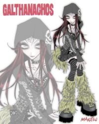  1girl animal_print artist_name belt belt_buckle black_belt black_hair black_skirt buckle camisole character_name chest_tattoo collar commentary_request creepers crossed_legs eyeshadow fake_tail forehead_tattoo frilled_skirt frills full_body fur_leg_warmers galthanachos goth_fashion grey_camisole grey_eyes grey_jacket grey_shoes hand_tattoo highres hood hood_up hooded_jacket invisible_chair jacket leg_warmers leopard_print long_eyelashes long_hair looking_at_viewer makeup original platform_shoes pleated_skirt red_hair shoes simple_background sitting skirt skull_and_crossbones skull_print smile solo striped_clothes striped_thighhighs tail tattoo thigh-highs white_background yellow_leg_warmers zoom_layer 