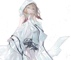  1girl animal_ears arknights blue_eyes brown_hair commentary_request dress feet_out_of_frame floppy_ears fumi_(rdbm) hand_up hierda_(arknights) highres hood hood_up hooded_dress long_sleeves looking_at_viewer off_shoulder rabbit_ears rabbit_girl short_hair simple_background sleeveless sleeveless_dress solo standing white_background 