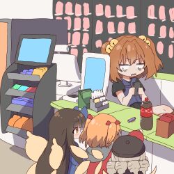  4girls bell beret black_hair black_hat brown_eyes cashier coca-cola commentary drill_hair drill_sidelocks grey_hair hair_bell hair_ornament hat highres holding holding_phone indoors long_hair luna_child magg_(user_mtca8588) motoori_kosuzu multiple_girls orange_hair phone shop short_hair sidelocks star_sapphire sunny_milk touhou two_side_up 