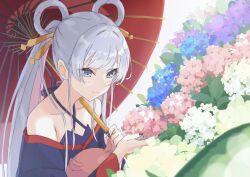  1girl bare_shoulders blue_eyes blue_flower cho_kaguya-hime! collarbone commentary_request flower grey_hair hair_ornament hair_rings hair_stick halterneck highres hiiragii_(hiiragi_0404) holding holding_umbrella hydrangea long_sleeves multicolored_eyes oil-paper_umbrella pink_flower plant purple_flower purple_nails red_umbrella runami_yachiyo smile solo twintails umbrella upper_body violet_eyes white_flower 