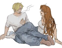  1boy 1girl cigarette curly_eyebrows denim facial_hair goatee hair_over_one_eye highres jeans kuchidesha looking_at_another mustache_stubble nami_(one_piece) one_piece pants sanji_(one_piece) smoking stubble 