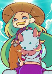  2boys absurdres beard belt_buckle blue_eyes brown_hat brown_pants buckle cape chibi chibi_only commentary cowboy_hat day facial_hair from_below gold_teeth green_cape green_hair gyro_zeppeli hand_on_own_hip hat highres hood hood_down hoodie johnny_joestar jojo_no_kimyou_na_bouken long_hair m_a_a_m_8 male_focus medium_hair multiple_boys pants purple_pants purple_shirt red_sleeves scar scar_on_back shirt short_sleeves sitting sky standing star_(symbol) star_print steel_ball_run sun two-tone_sleeves untranslatable_commentary very_long_hair wariza white_hat white_hoodie white_sleeves 