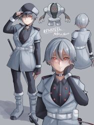  absurdres adjusting_clothes adjusting_headwear arm_behind_back artist_name belt_pouch black_gloves black_hair boots character_name claw_(weapon) coat earclip elbow_gloves fingerless_gloves gloves grey_boots grey_coat grey_hair hat highres mielthemouse mole mole_under_eye multicolored_hair multiple_views personification pokemon pouch red_eyes reference_inset registeel short_hair streaked_hair sword weapon 