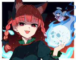  2girls :d animal_ear_fluff animal_ears black_bow bow braid cat_ears commentary_request dress extra_ears fairy fairy_wings fang fire flaming_skull green_dress hair_bow halo holding holding_skull juliet_sleeves kaenbyou_rin long_hair long_sleeves looking_at_viewer multiple_girls necono_(nekonosora1207) nekomata open_mouth puffy_sleeves red_eyes red_hair shaded_face skin_fang skull smile solo_focus stitched_face stitches touhou twin_braids wings zombie zombie_fairy_(touhou) 