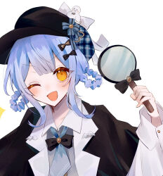  1girl :d ;d black_capelet black_hat blue_hair braid braided_hair_rings capelet commentary_request deerstalker detective hair_rings hand_up hat highres holding holding_magnifying_glass long_sleeves looking_at_viewer magnifying_glass mahou_shoujo_no_majo_saiban one_eye_closed open_mouth short_hair simple_background smile solo tachibana_sherry taimu_(htrgt_31) upper_body v-shaped_eyebrows white_background yellow_eyes 