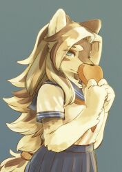 1girl animal_ears black_hair blue_eyes blue_sailor_collar blue_skirt body_fur box commentary_request furry furry_female gift gift_box heart-shaped_box highres holding holding_gift koucha_inu long_hair looking_at_viewer multicolored_hair original pleated_skirt sailor_collar sailor_shirt school_uniform serafuku shirt short_sleeves skirt snout solo surigara_usuzu two-tone_hair upper_body white_fur white_hair white_shirt wolf_ears wolf_girl 