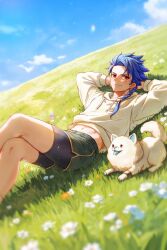  1boy arms_behind_head black_shorts blue_hair blue_sky blue_tongue braid closed_mouth clouds colored_tongue commentary_request contemporary crossed_legs cu_chulainn_(fate) dog earrings fate/grand_order fate_(series) feet_out_of_frame field flower green_shorts hair_over_shoulder highres hood hoodie hoshidou-sama jewelry layered_shorts looking_at_viewer lying male_focus medium_hair messy_hair navel on_back outdoors red_eyes setanta's_puppy_(fate) setanta_(fate) shorts single_braid sky smile swept_bangs white_dog white_hoodie 