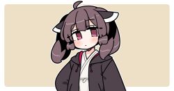  1girl ahoge black_jacket blunt_bangs blush border brown_background brown_hair closed_mouth double-parted_bangs headgear ini_(inunabe00) jacket japanese_clothes kimono looking_at_viewer open_clothes open_jacket outline outside_border red_eyes short_hair simple_background solo touhoku_kiritan twintails upper_body voiceroid white_border white_kimono white_outline 