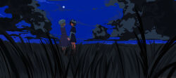  2girls absurdres black_capelet blonde_hair bow brown_hair capelet chinese_commentary chunye_xiuluo clouds commentary_request dress full_moon grass hat hat_bow highres holding_hands long_sleeves maribel_hearn mob_cap moon multiple_girls night outdoors purple_dress scenery shirt shirt_tucked_in short_hair touhou usami_renko white_bow white_hat white_shirt wide_shot 