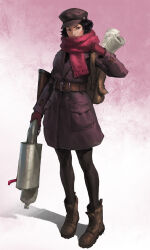  1girl absurdres ankle_boots arm_at_side backpack bag belt belt_buckle black_hair black_pantyhose boots brown_bag brown_belt buckle coat commentary commission covered_mouth english_commentary full_body gloves gradient_background hand_up hat highres holding holding_weapon looking_to_the_side original pantyhose peaked_cap pigeon-toed pink_gloves pink_scarf purple_coat purple_hat roman_antipev scarf scroll short_hair simple_background slim_legs standing weapon 