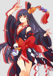  1girl black_hair breasts commentary_request detached_sleeves dress earrings fingernails highres japanese_clothes jewelry kijo_momiji long_fingernails long_hair looking_to_the_side multicolored_dress necklace onmyoji red_eyes red_lips red_nails revision scar scar_on_face scar_on_mouth shisantian smile solo teruterubouzu very_long_fingernails 