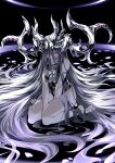  1girl absurdly_long_hair absurdres barefoot collarbone commentary_request eyes_visible_through_hair grey_hair hair_between_eyes hayabusa_aoi highres horns long_hair messy_hair original pale_skin pointy_ears sharp_toenails sitting solo toenails very_long_hair violet_eyes wariza 