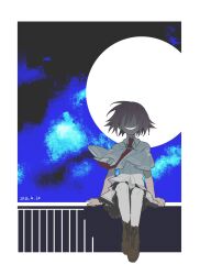  1girl black_capelet border capelet collared_shirt commentary_request dated full_moon grin highres moon mouth_in_shadow necktie night on_railing otonashi_ayana pantyhose pink_hair railing red_necktie shirt short_hair skirt sky smile solo subarashiki_hibi white_border white_pantyhose white_skirt wind yang_miemie_benti 
