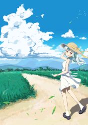  1girl absurdres alternate_costume ankle_socks bafuko_(vtuber) black_shoes blue_sky blush cellphone clouds collared_dress commentary_request contrast_collar cumulonimbus_cloud dirt_road dress field from_behind full_body grass green_hair grey_hair hair_down hat hat_ribbon highres holding holding_phone indie_virtual_youtuber long_hair mountainous_horizon multicolored_hair open_mouth outdoors phone red_eyes ribbon road shoes sidelocks sky sleeveless sleeveless_dress smartphone socks solo straw_hat streaked_hair summer totomono tree turning_head virtual_youtuber white_dress white_socks yellow_ribbon 