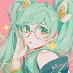 1girl absurdres bangs bare_shoulders blush earrings glasses green_eyes green_hair hair_ornament hand_up highres jewelry league_of_legends long_hair long_sleeves looking_at_viewer red_background round_eyewear ruan_chen_yue shiny shiny_hair solo sona_(league_of_legends) sparkle star_(symbol) star_earrings star_guardian_sona twintails 