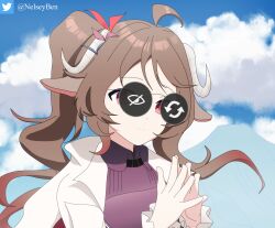  1girl ahoge animal_ears arknights bnelsey brown_hair coat colored_tips eyjafjalla_(arknights) eyjafjalla_the_hvit_aska_(arknights) highres horn_ornament horns lab_coat long_hair multicolored_hair open_clothes open_coat pink_shirt ponytail red_eyes red_hair secretary_settings_(arknights) sheep_ears sheep_girl sheep_horns shirt smile solo sunglasses twitter_logo twitter_username white_coat 