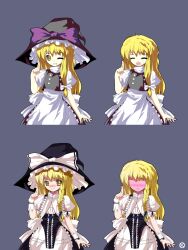  1girl alphes_(style) black_hat black_vest blonde_hair blush bow closed_eyes grin hair_bow hand_up hat hat_bow highres kaoru_(gensou_yuugen-an) kirisame_marisa large_hat long_hair multiple_views open_mouth parody puffy_short_sleeves puffy_sleeves purple_bow shirt short_sleeves simple_background smile style_parody teeth touhou upper_body vest white_bow white_shirt witch_hat yellow_eyes 