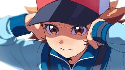  1boy arms_up baseball_cap blue_jacket brown_eyes brown_hair closed_mouth commentary_request covering_own_ears crying crying_with_eyes_open hat highres hilbert_(pokemon) hitotose_rinne jacket long_sleeves male_focus pokemon pokemon_black_and_white short_hair simple_background solo tears upper_body white_background 