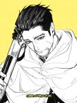  1boy closed_mouth english_commentary facial_hair facial_mark golden_kamuy greyscale hair_slicked_back hair_strand holding kanapy looking_at_viewer male_focus monochrome ogata_hyakunosuke scar scar_on_cheek scar_on_face signature simple_background solo stubble upper_body yellow_background 