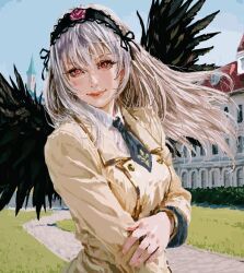  1girl alternate_costume ashford_academy_school_uniform black_hairband black_necktie black_wings bush buttons castle choppy_bangs collared_shirt commentary_request cosplay double-breasted dress_shirt feathered_wings floating_hair flower_hairband gold_trim grass hair_between_eyes hairband hand_on_own_arm jacket jun89190 lawn lips long_eyelashes long_hair long_sleeves looking_at_viewer necktie outdoors painterly path pixel_art realistic red_eyes revision ribbon-trimmed_hairband rozen_maiden school_uniform shirt short_necktie solo suigintou tower tsurime upper_body white_hair white_shirt wings yellow_jacket 