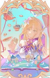  3girls absurdres aqua_background bare_shoulders blonde_hair blue_eyes book border breasts chair chibi commentary_request cookie cross-shaped_pupils cup detached_sleeves dididi_laonian_ka dress facing_viewer floating floating_object food genshin_impact gradient_background hand_on_own_cheek hand_on_own_face hand_up hat highres holding lumine_(genshin_impact) medium_breasts multiple_girls nicole_reeyn on_chair open_book ornate_border paimon_(genshin_impact) pouring sauce sitting smile solo_focus symbol-shaped_pupils teacup teapot treasure_chest white_dress 