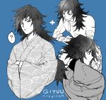 1boy ? adjusting_hair bandaged_arm bandages bangs blue_background character_name closed_mouth crossed_arms greyscale haori japanese_clothes kanapy kimetsu_no_yaiba long_hair male_focus monochrome multiple_views signature simple_background solo spoken_question_mark symbol-only_commentary tomioka_giyuu toned toned_male upper_body 