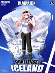  1girl absurdres arknights arm_up backpack bag black_boots black_gloves black_pants boots character_name chinese_commentary closed_mouth clothes_writing commentary_request copyright_name cover english_commentary english_text fake_magazine_cover full_body gloves goggles goggles_on_head halo hand_in_own_hair highres jacket knee_boots lace-up_boots lemuen_(arknights) long_hair long_sleeves looking_at_viewer magazine_cover mixed-language_commentary orange_jacket pants pink_eyes pink_hair rhodes_island_logo_(arknights) ski_goggles snowflakes solo standing traditional_halo white_jacket winter_clothes xxzhou yellow_halo zipper zipper_pull_tab 