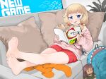  1girl ahagon_umiko animal_bag backpack bag bangs barefoot blonde_hair blue_eyes book character_doll closed_mouth couch cushion doll full_body highres holding holding_book id_card indoors jacket lanyard long_hair looking_at_viewer menthako new_game! open_book pantyhose pantyhose_removed pink_jacket red_shorts sakura_nene shark_bag shorts sitting smile soles solo toes tongue tongue_out twintails 