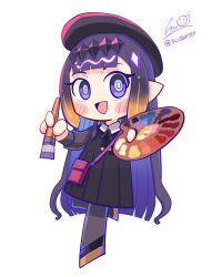  1girl :d bag beret black_dress black_hat black_ribbon black_shoes blonde_hair blunt_bangs blush blush_stickers chibi chibi_only commentary dress eyelashes full_body gradient_hair grey_pantyhose handbag hat headpiece highres holding holding_paint_palette holding_paintbrush hololive hololive_english long_hair multicolored_hair neck_ribbon ninomae_ina'nis ninomae_ina'nis_(casual) official_alternate_costume open_mouth paint_palette paintbrush pantyhose pink_bag pointy_ears purple_hair ribbon scissor_scr shoes signature simple_background smile solo tentacle_hair twitter_username violet_eyes virtual_youtuber white_background 