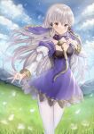  1girl blurry blush clouds cloudy_sky collar cowboy_shot depth_of_field dress fire_emblem fire_emblem:_three_houses grey_hair highres long_hair long_sleeves lysithea_von_ordelia outdoors pantyhose pink_eyes purple_dress serious sky solo veil very_long_hair white_pantyhose yui_(msy1302mana) 