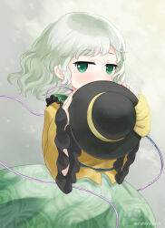  1girl black_hat blush bow collared_shirt commentary_request floral_print frilled_shirt_collar frilled_sleeves frills green_eyes green_hair green_skirt hat hat_bow highres holding holding_unworn_clothes holding_unworn_hat koishi_day komeiji_koishi long_sleeves looking_at_viewer medium_hair missing_headwear mito_tsubaki print_skirt rose_print shirt skirt solo touhou unworn_hat unworn_headwear wide_sleeves yellow_bow yellow_shirt 