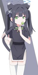  1girl absurdres animal_ear_fluff animal_ears black_dress black_hair blue_archive blue_halo candy china_dress chinese_clothes commentary dress extra_ears food food_in_mouth green_eyes halo highres holding holding_candy holding_food holding_lollipop kyureizi lollipop lollipop_in_mouth long_hair looking_at_viewer short_sleeves shun_(blue_archive) shun_(small)_(blue_archive) solo thigh-highs tiger_ears tiger_girl twintails untranslatable_commentary weapon_case white_thighhighs 