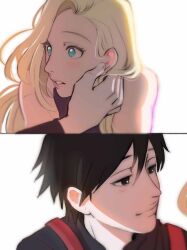  1boy 1girl absurdres bare_arms bare_shoulders black_eyes black_hair black_jacket blonde_hair blue_eyes blush boruto:_naruto_next_generations boruto_(series) caress caressing_cheek close-up couple hair_over_one_eye highres jacket lips lipstick looking_at_another makeup naruto:_the_last naruto_(series) naruto_shippuuden pale_skin parted_lips pink_lips purple_shirt sai_(naruto) shirt sleeveless suspenders white_background xmonday_mintx yamanaka_ino 