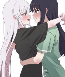  2girls 8xfn0 absurdres arm_around_another's_waist arms_around_neck biting_own_lip black_hair blue_eyes blush cho_kaguya-hime! clothes_grab commentary_request ear_blush eye_contact face-to-face from_side grabbing_another's_shirt green_eyes grey_hair highres long_hair looking_at_another mole mole_under_eye multicolored_hair multiple_girls open_mouth pink_hair profile purple_nails runami_yachiyo sakayori_iroha short_sleeves simple_background smile two-tone_hair upper_body very_long_hair white_background yuri 
