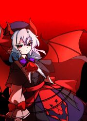  1girl alternate_costume ascot black_cape black_capelet blue_hair bow bowtie brooch cape capelet closed_mouth commentary_request dragon_horns hair_between_eyes hat highres horns illust_atelier3 jewelry long_sleeves looking_at_viewer one-hour_drawing_challenge purple_bow purple_bowtie purple_hat purple_skirt red_ascot red_background red_cape red_eyes red_wings remilia_scarlet signature skirt solo touhou touhou_lostword two-sided_cape two-sided_fabric wings 