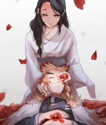  1boy 1girl black_hair blonde_hair cape closed_eyes closed_mouth commentary_request crying death demon_slayer_uniform falling_petals flower highres igosuki japanese_clothes kimetsu_no_yaiba long_hair petals red_flower red_hair red_petals rengoku_kyoujurou rengoku_ruka tears white_cape 
