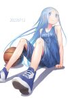  1girl alternate_costume ball bangs basketball basketball_jersey basketball_uniform blue_eyes blue_footwear blue_hair blue_shirt blue_shorts commentary_request gradient_hair hasukawa_isaburou highres kantai_collection long_hair multicolored_hair perspective samidare_(kancolle) shirt shoes shorts simple_background sleeveless sleeveless_shirt sneakers solo sportswear swept_bangs very_long_hair white_background 