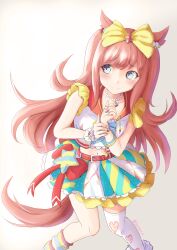  1girl absurdres agnes_digital_(full-color_fangirling)_(umamusume) agnes_digital_(umamusume) animal_ears bead_necklace beads becherry belt blue_eyes blush bow breasts brown_hair closed_mouth commentary_request hair_bow highres horse_ears horse_girl horse_tail jewelry long_hair midriff multicolored_skirt navel necklace pink_hair red_belt shirt simple_background single_thighhigh single_wrist_cuff skirt sleeveless small_breasts smile solo tail thigh-highs two_side_up umamusume wrist_cuffs yellow_bow 