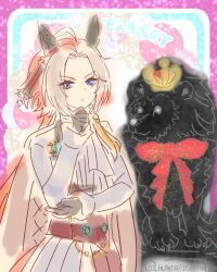  1girl ahoge animal_ears black_gloves blue_eyes bow breasts chiffon commentary_request crown ear_covers gloves grey_shirt horse_ears horse_girl horse_tail lion long_hair long_sleeves multicolored_hair orange_hair orfevre_(casual)_(umamusume) orfevre_(umamusume) red_bow shirt tail two-tone_hair umamusume white_hair 