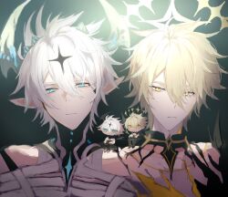  2boys absurdres bandaged_chest blonde_hair blue_eyes chibi_on_shoulder cracked_skin demon_horns gold_blood halo highres hino_satoshi honkai:_star_rail honkai_(series) honkai_impact_3rd horns kevin_kaslana kevin_kaslana_(diabolic) looking_at_viewer male_focus multiple_boys phainon_(honkai:_star_rail) phainon_(khaslana)_(honkai:_star_rail) pointy_ears rufus1665467 short_hair trait_connection voice_actor_connection white_hair yellow_eyes 