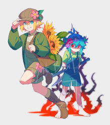  2boys absurdres adjusting_clothes adjusting_headwear barefoot basil_(birthday)_(omori) basil_(faraway)_(omori) basil_(headspace)_(omori) basil_(omori) blonde_hair blue_eyes blue_overalls boots brick_st brown_boots brown_hat brown_overalls cardigan chinese_commentary collared_shirt commentary_request dual_persona flower gardening_shears green_shirt hat highres lace-up_boots long_sleeves looking_at_viewer male_focus multiple_boys newsboy_cap no_mouth official_alternate_costume omori open_cardigan open_clothes open_mouth overall_shorts overalls plant shirt short_hair short_sleeves simple_background smile sunflower thorns vines watermark white_background white_shirt 