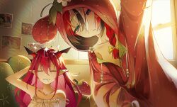 2girls :/ =_= absurdres arm_behind_head arm_up bare_shoulders black_hair black_horns blue_eyes bow braid bright_pupils camisole closed_eyes closed_mouth commentary double_halo drooling english_commentary food fruit hair_between_eyes hair_bow hakos_baelz hakos_baelz_(strawberry_onesie) halo highres hololive hololive_english horns indoors insfidelie irys_(hololive) light_blush long_hair looking_at_viewer mouth_drool multicolored_hair multiple_girls official_alternate_costume onesie parted_lips photo_(object) pointy_ears purple_hair red_hair single_braid star_halo strap_slip strawberry strawberry_costume streaked_hair virtual_youtuber waking_up white_camisole white_hair white_pupils window yellow_bow 