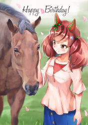  1girl animal_ears aoniyoshi blue_skirt blush bow breasts brown_eyes brown_hair brown_streaks casual closed_mouth collarbone commentary_request creature_and_personification denim denim_skirt ear_bow ear_covers ear_ribbon green_bow happy_birthday highres horse horse_ears horse_girl medium_hair multicolored_hair nice_nature_(casual)_(umamusume) nice_nature_(racehorse) nice_nature_(umamusume) personification real_life shirt skirt smile streaked_hair twintails umamusume white_shirt 