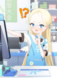  !? 1girl @_@ absurdres ame_miya_ta angel's_24_uniform_(blue_archive) apron blonde_hair blue_apron blue_archive blue_eyes blue_halo commentary_request contrast_collar forehead gloom_(expression) halo highres id_card indoors long_hair looking_at_viewer monitor motion_lines object_in_pocket open_mouth parted_bangs pen_in_pocket pocket shelf shirt short_sleeves solo sora_(blue_archive) sweat two_side_up upper_body v very_long_hair wavy_mouth white_shirt 