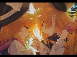  2girls black_vest blonde_hair bow brown_hat closed_mouth commentary_request detached_sleeves eye_contact gloves hat hat_bow highres holding_another's_hair kirisame_marisa letterboxed long_hair long_sleeves looking_at_another matara_okina multiple_girls orange_tabard pink_gloves portrait smile tabard touhou vest white_bow witch_hat yellow_eyes yoshino_(q_sci) yuri 