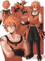  1boy absurdres artist_name black_boots black_pants boots character_name clenched_hand clenched_hands crossed_arms galarian_zapdos hair_between_eyes highres male_focus mielthemouse multicolored_hair multiple_views orange_hair orange_shirt pants personification pokemon reference_inset shirt short_hair shoulder_tattoo sleeveless sleeveless_shirt spiky_hair streaked_hair tattoo 