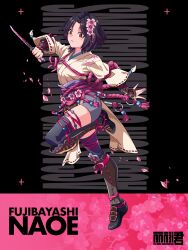  1girl absurdres artist_name assassin's_creed:_shadows assassin's_creed_(series) black_hair black_thighhighs character_name chinese_commentary commentary_request dagger falling_petals fujibayashi_naoe full_body highres holding holding_dagger holding_knife holding_weapon japanese_clothes kimono knife li_li_li_li_jun looking_at_viewer petals short_hair solo thigh-highs weapon white_kimono wide_sleeves 