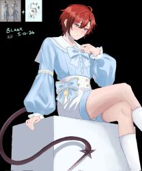  1boy ahoge alternate_costume b1ank_vi0 black_background blue_bow blue_bowtie blue_shirt blush bow bowtie buttons choker commentary crossed_legs dated frilled_bow frilled_sleeves frills high-waist_shorts highres holostars holostars_english long_sleeves machina_x_flayon male_focus orange_eyes ouji_fashion photo_inset puffy_long_sleeves puffy_sleeves red_hair reference_inset sailor_collar shirt short_hair shorts sitting socks solo star_(symbol) tail untranslatable_commentary virtual_youtuber white_choker white_sailor_collar white_shorts white_socks 