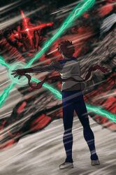  2boys absurdres arm_scarf bandages baratrums_devil commentary emiya_shirou english_commentary fate/stay_night fate_(series) fighting_stance heracles_(fate) highres magic_circuit male_focus messy_hair multiple_boys nameless_axe-sword_(fate) raglan_sleeves shirt shroud_of_martin spiky_hair t-shirt 